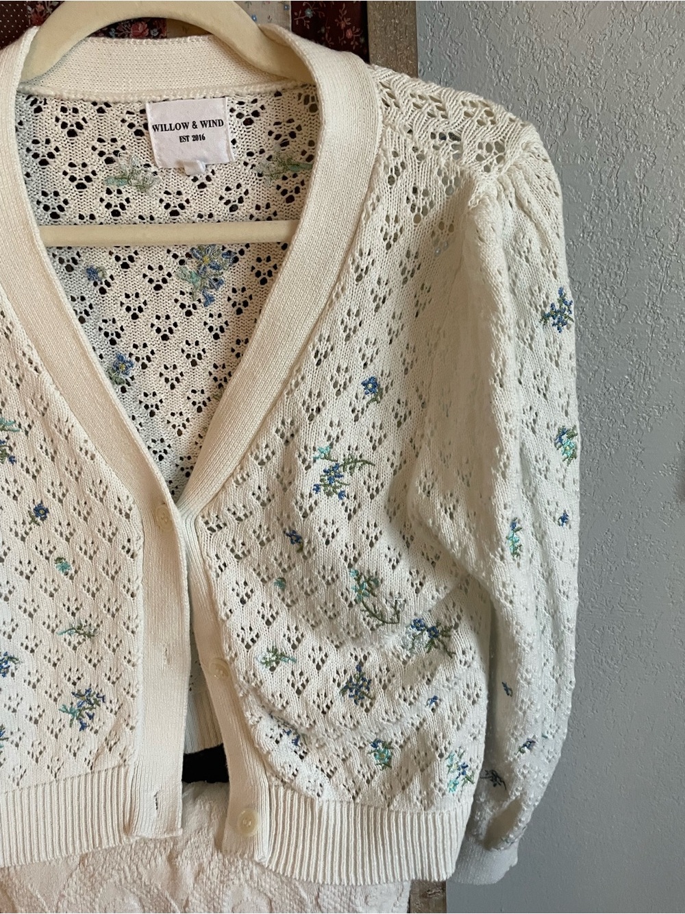 Willow & Wind Cream Openwork Cardigan with Blue and Green Floral Embroidery - Picture 2 of 6